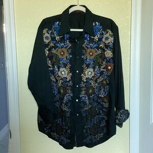 Robert Graham Black Shirt with Multicolor Floral Embroidery